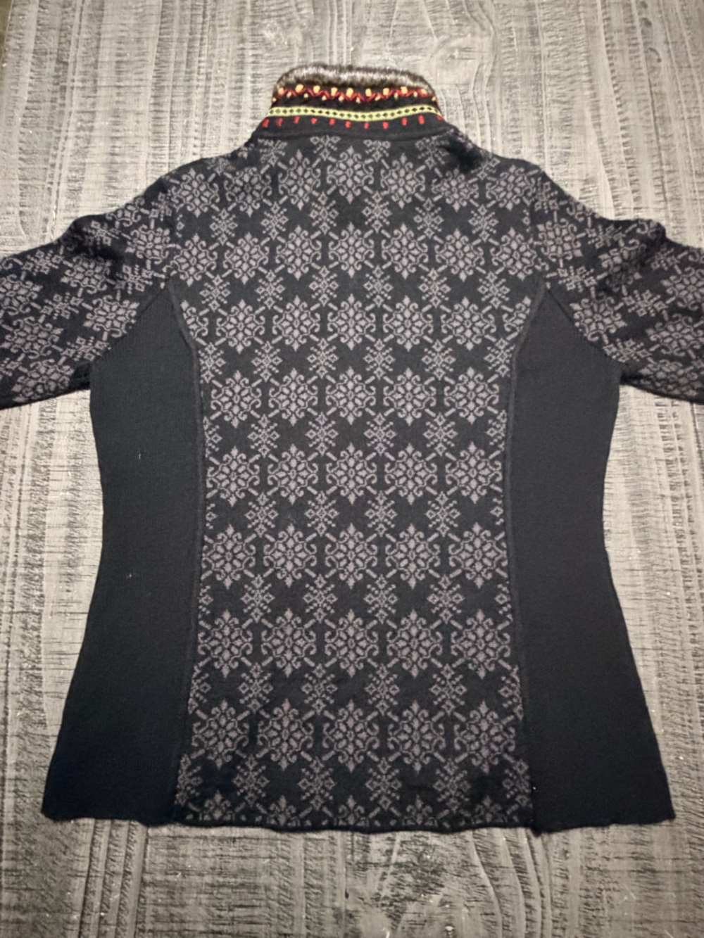 Black Embroidered Floral Zip-Up Fleece Sweater Jacket w Faux Fur Collar - Picture 10 of 10